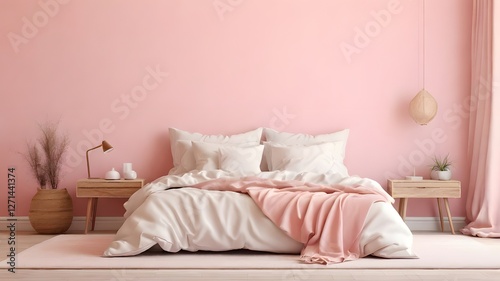 Blank white canvas mockup on a pastel pink wall in a cozy bedroom with a white bedspread and soft pillows 
