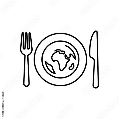 Food on earth icon, globe and fork with knife, concept world hunger, thin line symbol on white background - editable stroke vector illustration