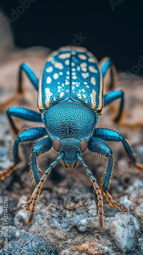 Bright blue insect with intricate patterns crawling on a rocky surface in a n...
