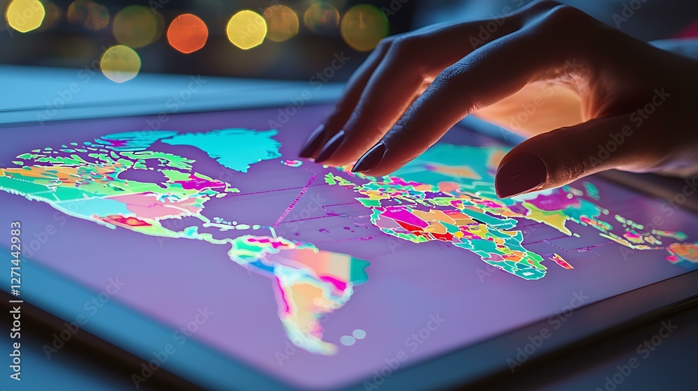 Fototapeta premium Online business owner tracking international sales distribution on a tablet, isolated on a light purple background