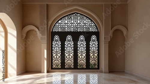 Black silhouette window frame with Ramadan borders, intricate Moroccan gate and mosque elements in traditional Islamic style
