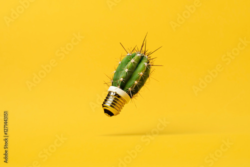 Obraz na płótnie Surreal concept of a light bulb with a cactus instead of a glass dome floating on a yellow background, symbolizing creativity and innovation
