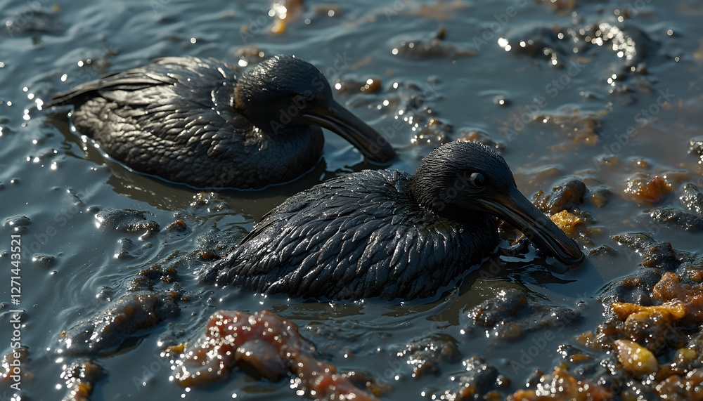 Fototapeta premium Birds Struggling in Polluted Oil-Slicked Water 