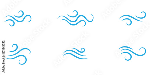 Wind line doodle set. Blue hand drawn wind swirls and gusts. Decorative breeze symbols for weather, nature, and climate designs.
