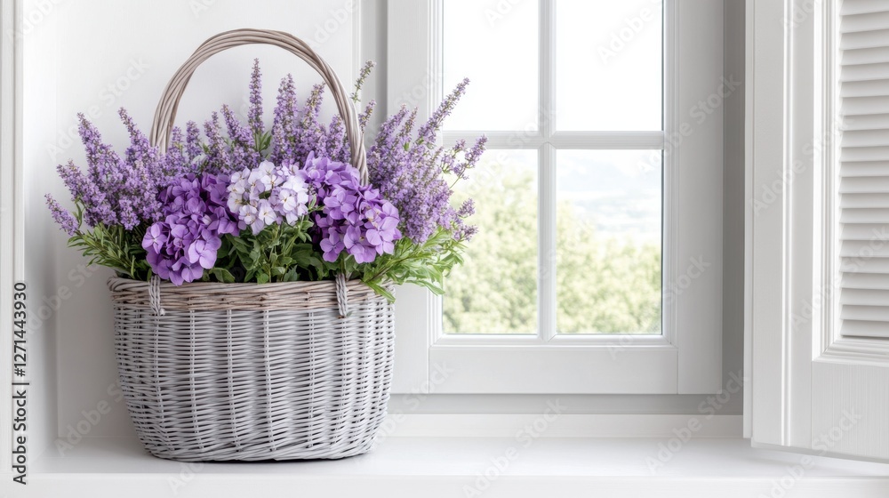 Fototapeta premium Elegant wicker basket filled with purple lavender flowers on a sunlit window sill