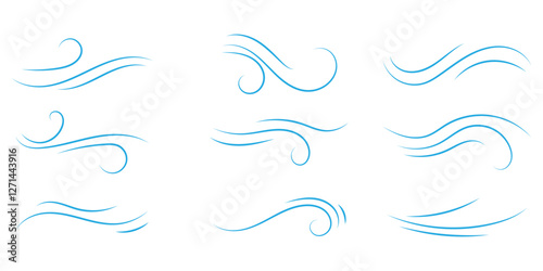 Wind line doodle set. Blue hand drawn wind swirls and gusts. Decorative breeze symbols for weather, nature, and climate designs.