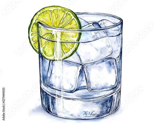 Watercolor illustration of a gin and tonic