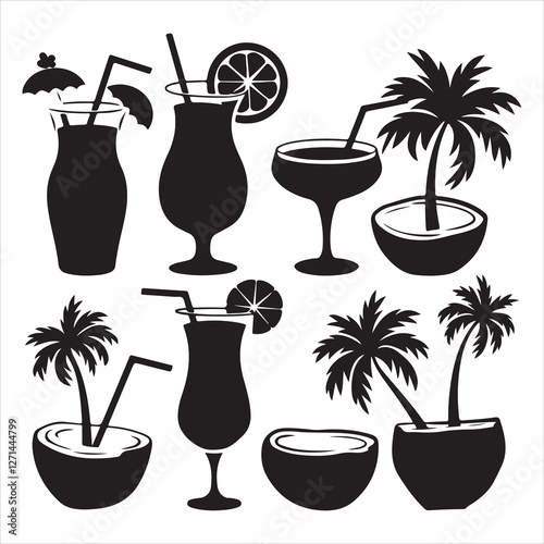 set vector coconut drink, tropical coconut drink, cocktail coconut drink, umbrella with coconut drink 