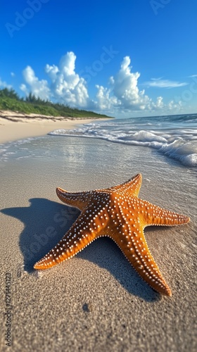 Starfish rests on sandy beach as waves gently wash ashore in sunny coastal lo...