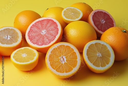 Colorful citrus fruits arranged on a yellow background showcasing natural var...