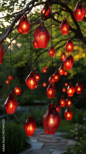 Hanging red lanterns illuminate garden in early evening light