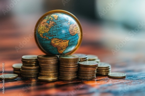 Globe on coins illustrating global economy and commerce in a business setting