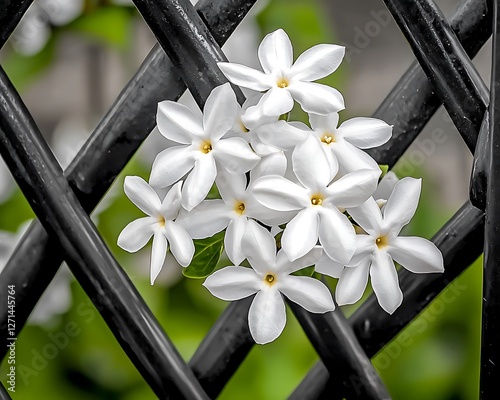 White flowers behind black lattice fence