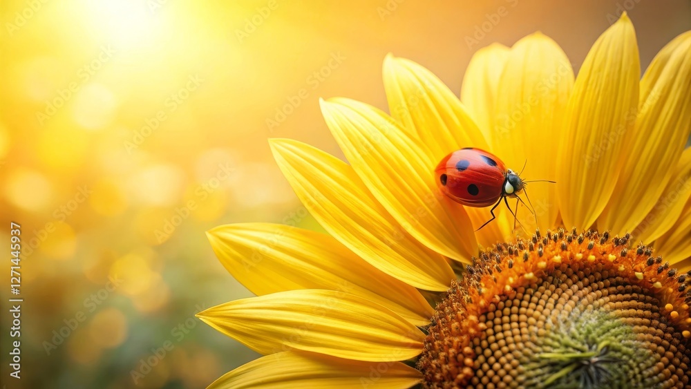 A vibrant ladybug delicately perched on a radiant sunflower petal, bathed in the warm glow of a summer sun. A vibrant ladybug delicately perched on a radiant sunflower petal, bathed in the warm glow of a summer sun.