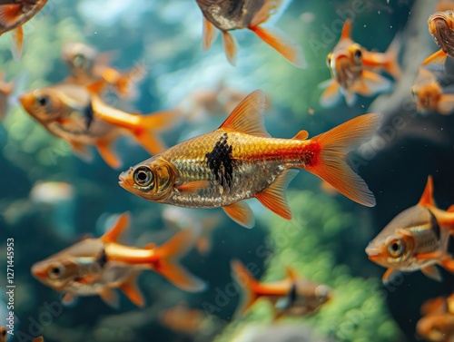 Radiant school of harlequin rasboras swimming underwater in harmony photo