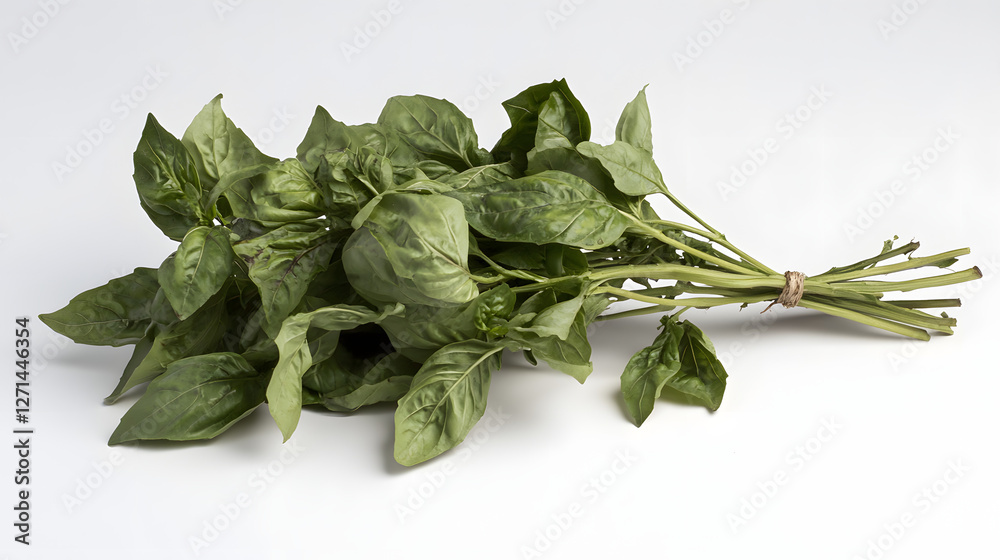 A small bunch of fresh basil leaves displayed on a white surface, showing their vibrant green color and fine details.