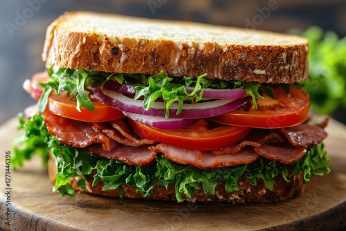 Satisfying sandwich stacked with fresh ingredients including lettuce and toma...