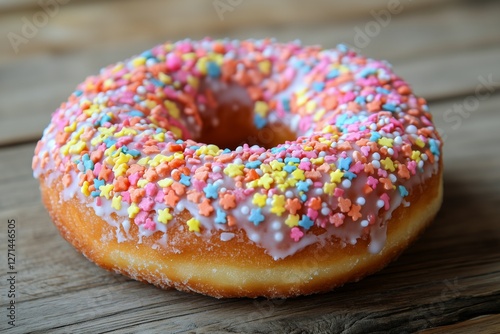 Delightful pink frosted donut topped with colorful sprinkles on rustic wooden...