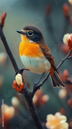 Colorful bird perched on branch amid blooming flowers during spring season