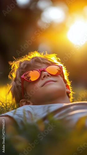 Boy wearing red sunglasses enjoys a sunny day outdoors in a lush green park s...