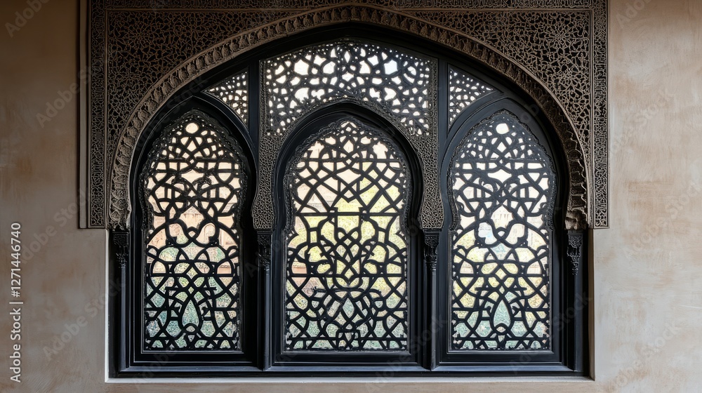 Fototapeta premium Islamic window with intricate Arabic patterns, black silhouette arch, Moroccan gate borders, Ramadan decorative style --ar 16:9 --stylize 250 --v 6.1 Job ID: a38947e7-106d-4bbd-a1ea-fe4ba5ae9b45