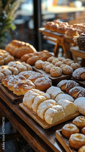 Freshly baked assortment of breads and pastries on a wooden table with berrie...