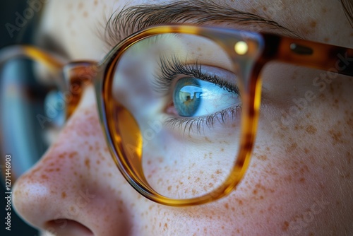 Close-up of a person with glasses, highlighting their eye color and freckles ...
