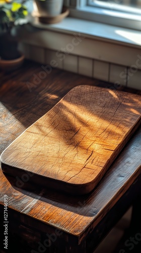 Wooden cutting board illuminated by sunlight near window in cozy kitchen setting
