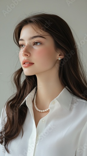 Young woman with long hair and pearl necklace poses indoors in a casual white...