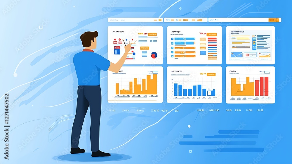 Obraz premium Data scientist optimizing an e-commerce dashboard using AI algorithms, isolated on a sky blue background