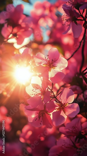 Beautiful pink flowers blooming in spring sunlight with warm glow in the back...