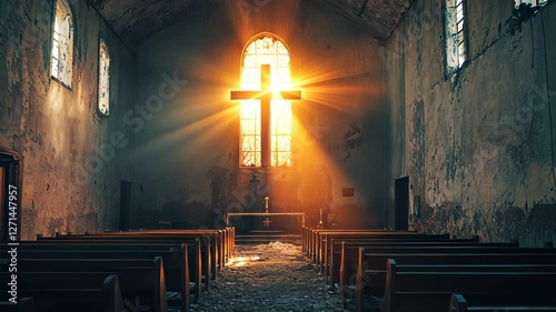 Sunlight streaming through stained glass illuminates abandoned church interior during sunset