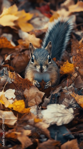 Squirrel foraging among orange leaves in a forest during autumn season