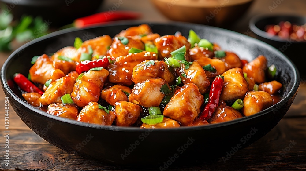 Savory Spicy Chicken Stir Fry Dish Warm Lighting. AI Generated Savory Spicy Chicken Stir Fry Dish Warm Lighting. AI Generated