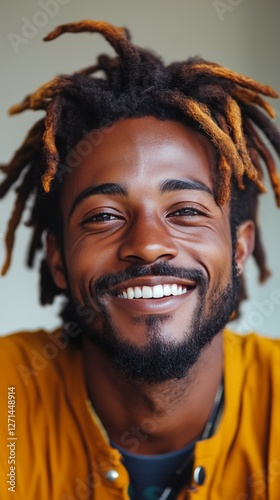 Smiling man with dreadlocks enjoying a sunny day outdoors in a natural setting