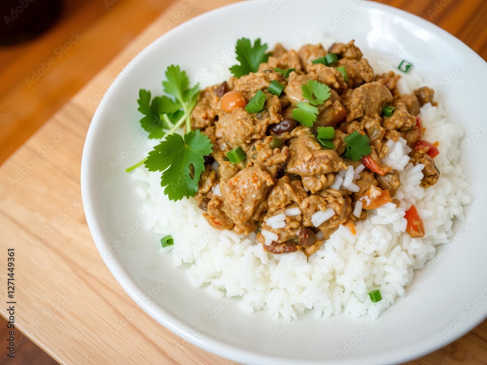 Northern Thai spicy minced pork salad or larb kua with rice, a delicious Northern Thai dish served on a wooden table, rice, larb kua, spicy Northern Thai spicy minced pork salad or larb kua with rice, a delicious Northern Thai dish served on a wooden table, rice, larb kua, spicy