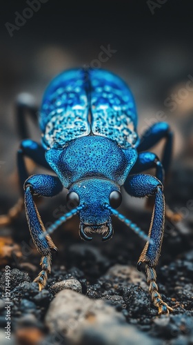 Bright blue insect with intricate patterns crawling on a rocky surface in a n...