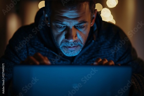 Focused man working late at night on laptop with ambient lights glowing softl...
