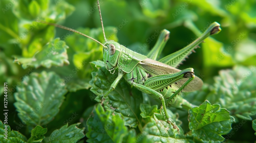 A grasshopper basking on a sunlit rock, with a blurred natural background of foliage and sky A grasshopper basking on a sunlit rock, with a blurred natural background of foliage and sky