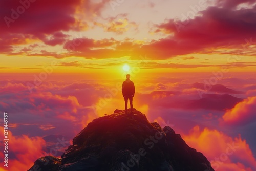 Sunset view from mountain peak with person silhouetted against colorful sky