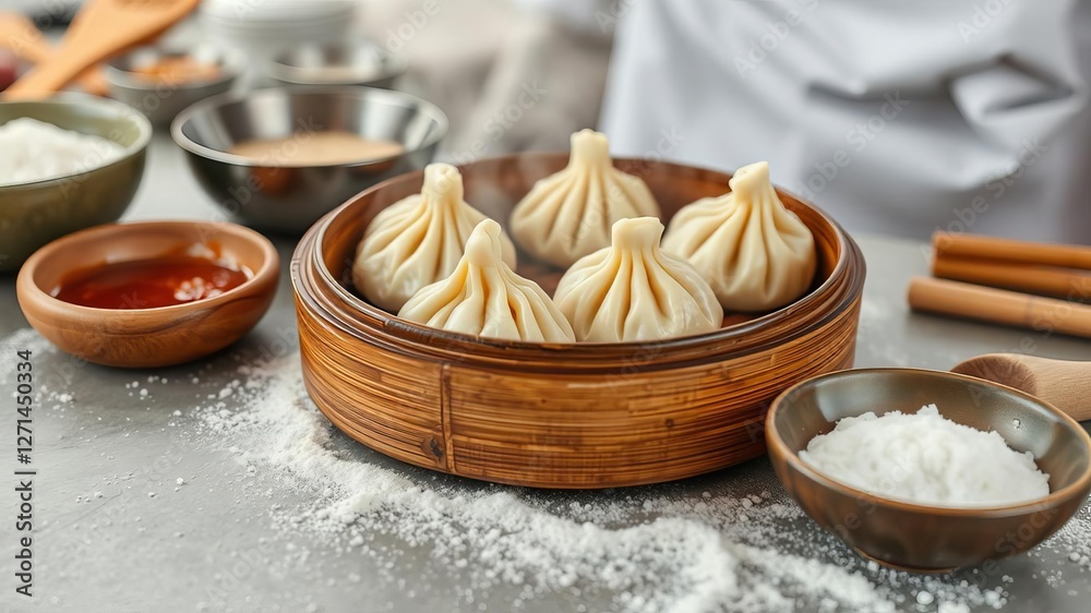 Raw dumplings coated in powdered sugar on a wooden cutting board with a black space for menu or recipe, culinary, food, dough Raw dumplings coated in powdered sugar on a wooden cutting board with a black space for menu or recipe, culinary, food, dough