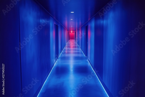 Illuminated corridor with blue light and reflection in a modern building