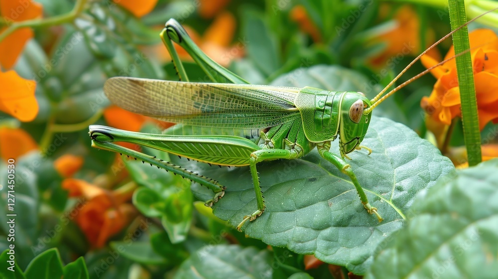 A grasshopper basking on a sunlit rock, with a blurred natural background of foliage and sky A grasshopper basking on a sunlit rock, with a blurred natural background of foliage and sky