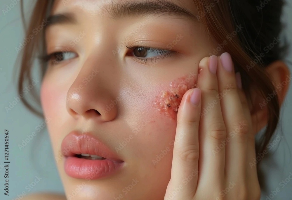 Fototapeta premium Young Asian Woman with Facial Rash Touching Her Skin – Close-Up of Dermatological Condition