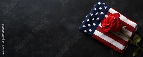 Symbolic Memorial Day Tribute with American Flag and Red Rose on Dark Textured Background Still Life