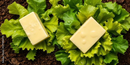 Rich green butter lettuce salad with water drops on leaves, planted in yellowish brown soil, top view, yellowish, green, water drops photo