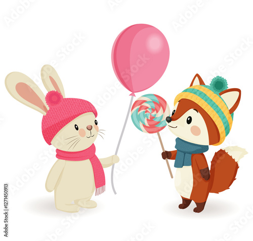Very cute bunny and fox in knitted hats