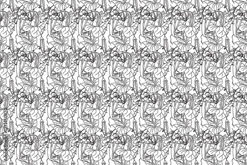 Line art seamless pattern with growing peas, leaves and pods vector illustration. Hand drawn outline repeating vegetables pattern background. Graphic design for Cover Coloring Book Textile Fashion