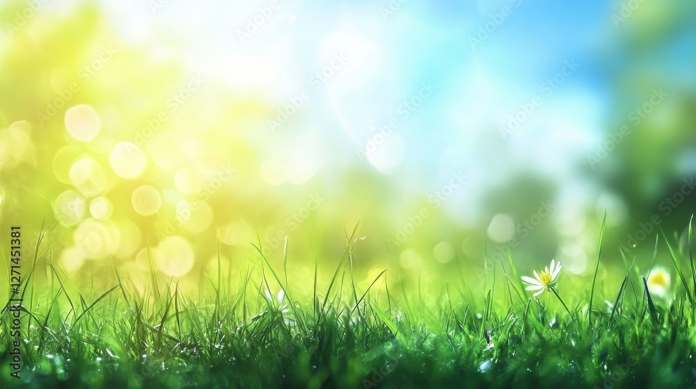 Fototapeta premium nature background with sunny spring meadow blur background blue sky to green grass