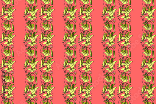 Botanical seamless pattern with growing green peas, leaves and pods vector illustration. Repeating vegetables pattern in pink color background. Graphic design for Fashion Cover Textile Birthday Card